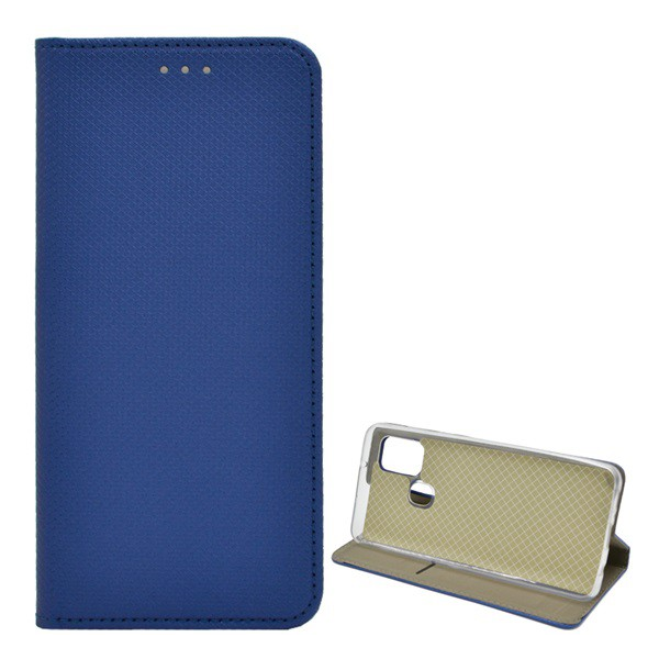 Husa pentru telefon in picioare, efect piele (FLIP, deschidere laterala, functie suport pentru masa, model romb), Albastru inchis [Samsung Galaxy A21s (SM-A217F)]