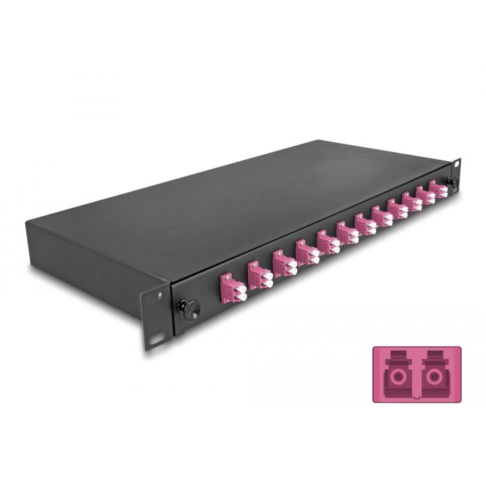 Delock 19” hosszú sínekbe rögzítéshez optikai szálösszefűző doboz, 12db LC Duplex OM4 1U, kompletten összeszerelve (67005) (delock67005)