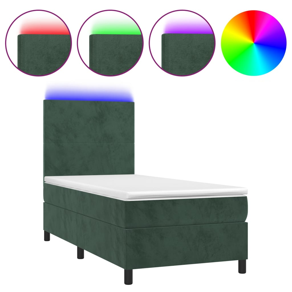 sötétzöld bársony rugós és LED-es ágy matraccal 90x200 cm (3135984)
