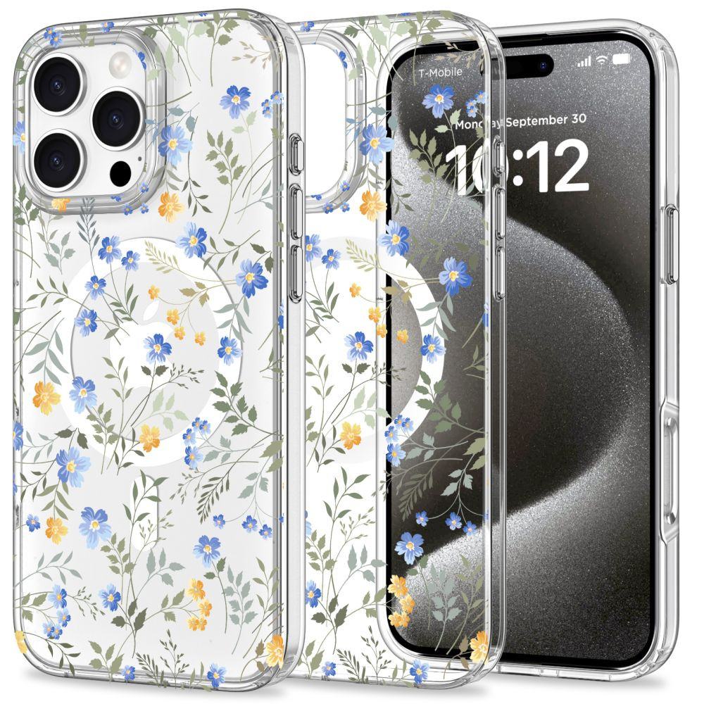 Apple iPhone 16 Pro Max, Műanyag hátlap védőtok + szilikon keret, Magsafe töltővel kompatibilis, tavaszi virág minta, Magmood Magsafe Spring Flowers, mintás/átlátszó (5906302311538)