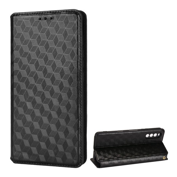 Tok álló, bőr hatású (FLIP, oldalra nyíló, asztali tartó funkció, teljes 3D rombusz minta, prémium) FEKETE [Sony Xperia 10 III (XQ-BT52)]