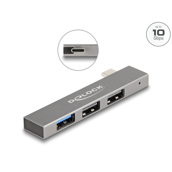 Delock USBType-C csatlakozós hub 1 x USB 10 Gbps A-típusú és 2 x A-típusú USB 2.0 portokkal (64274)