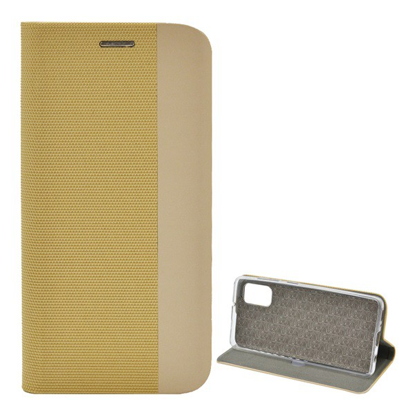 Tok álló, bőr hatású (FLIP, oldalra nyíló, asztali tartó funkció, textil minta) ARANY [Samsung Galaxy A41 (SM-A415F)] (5996457963324)