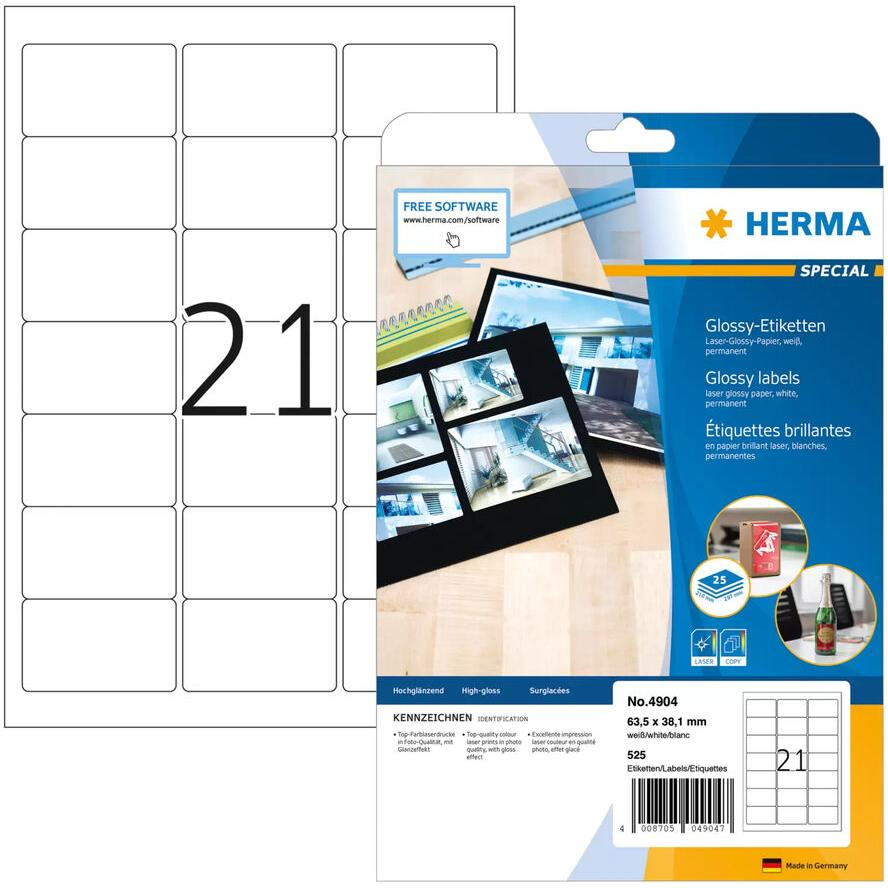 HERMA Etiketten A4 weiß 63,5x38,1 mm Papier glänz. 525 St. (4904) (4904)