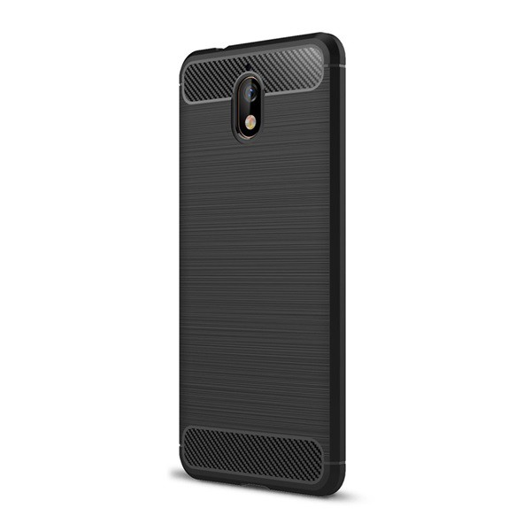 Szilikon telefonvédő (közepesen ütésálló, légpárnás sarok, szálcsiszolt, karbon minta) FEKETE [Nokia 3.1] (5996457792627)