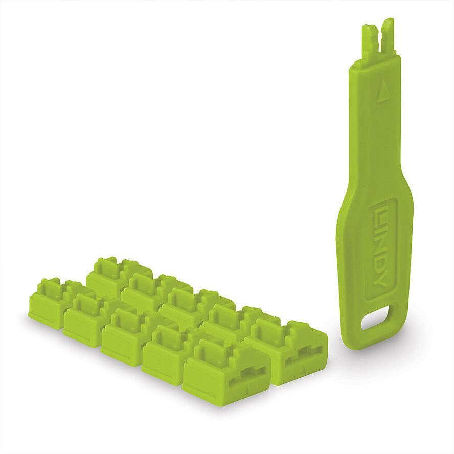 LINDY Dugó biztonsági, Port Blocker, RJ45 + kulcs, zöld (10db dugó + 1db kulcs) (47894)