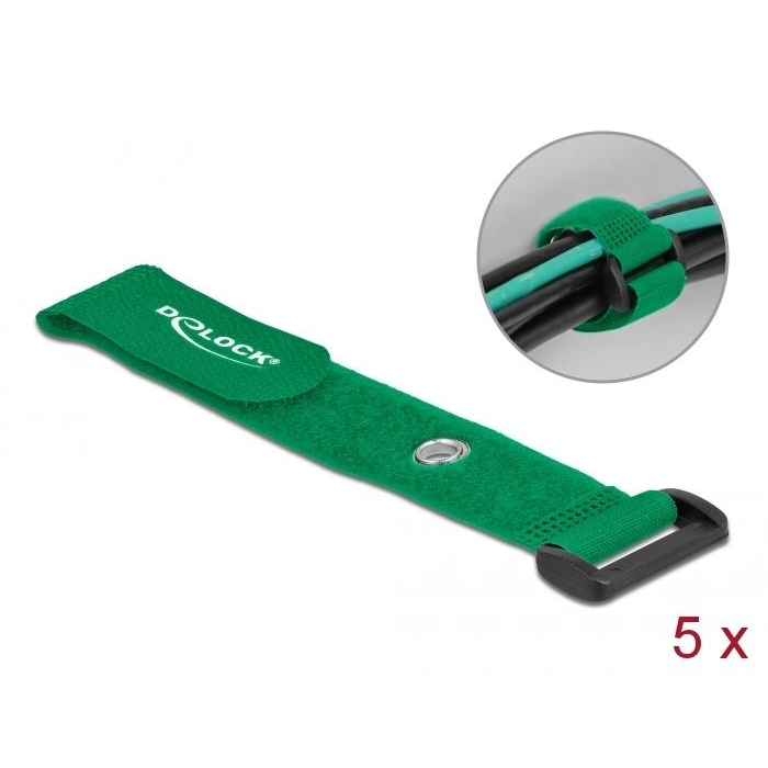 Delock befűzős kábelkötegelő tépőzárral 190x25mm 5db zöld (19548) (delock19548)