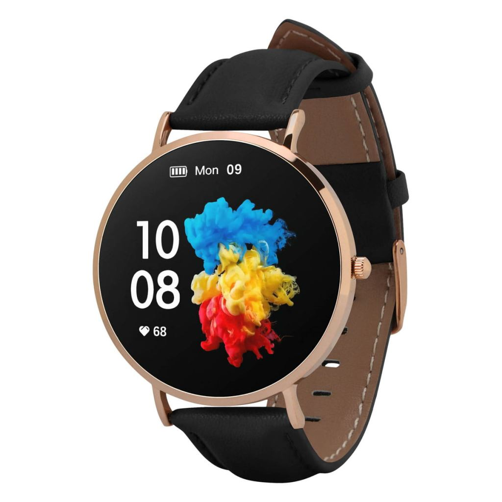 Garett Verona okosóra 1,3" AMOLED aranyszínű, fekete bőr szíjjal (VERONA_ZLOT_CZAR_SKOR)