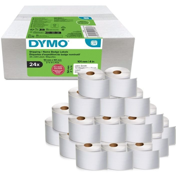 DYMO etiketten LabelWriter ft 101 x 54 mm, wit, 220 etiketten, multipack van 24 rollen Hvid