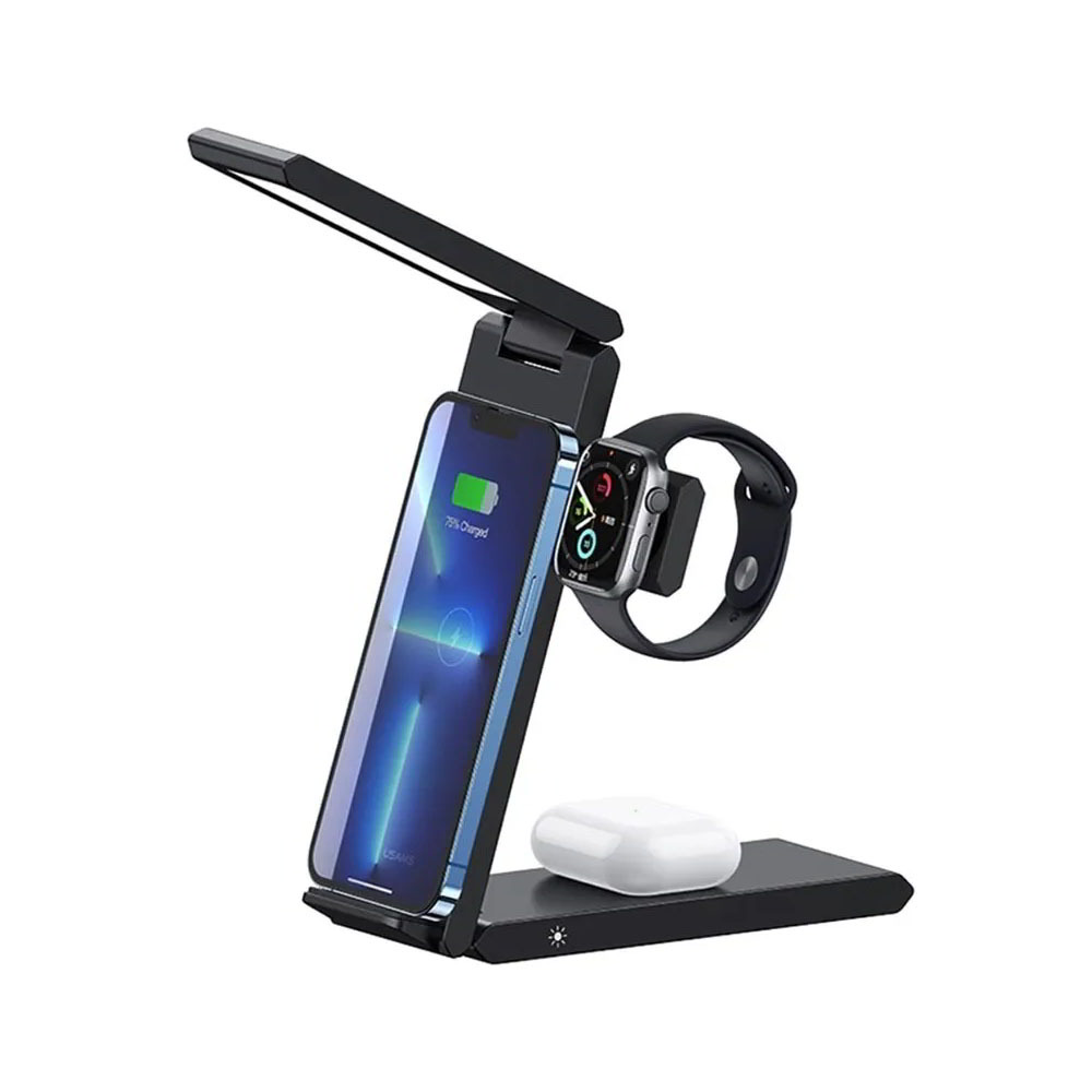 USAMS US-CD181 3in1 vezeték nélküli töltő + lámpa - Fekete (15W) (USA001221)