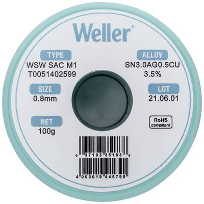 Weller Forrasztóón, ólommentes Tekercs, Ólommentes Sn3,0Ag0,5Cu 100 g 0.8 mm (T0051402599) (T0051402599)