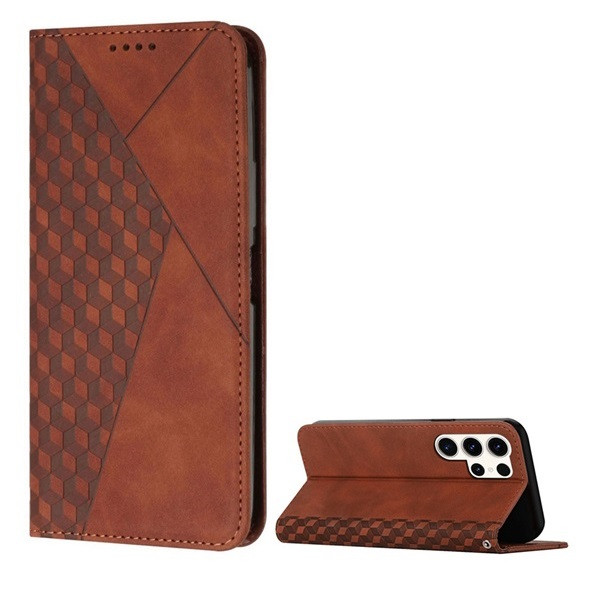 Samsung Galaxy S24 Ultra SM-S928, Oldalra nyíló tok, bőrhatású, stand, 3D rombusz minta, barna (RS151430)