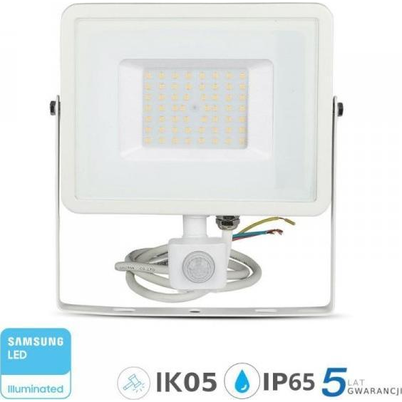 V-Tac Mozgásérzékelős Led Reflektor - Samsung Chip, IP65, 50 Watt, Meleg Fehér, Fehér (SKU 466)