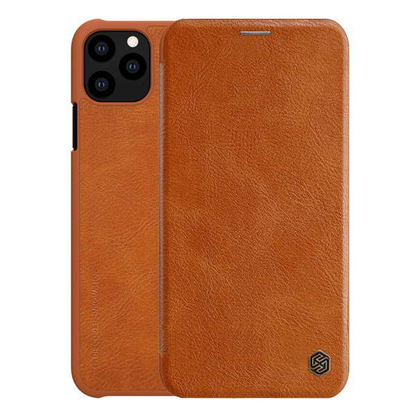 NILLKIN QIN tok álló, bőr hatású (FLIP, oldalra nyíló, bankkártya tartó) BARNA [Apple iPhone 11 Pro] (5996457904457)
