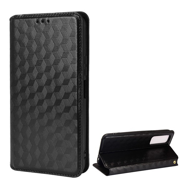 Tok álló, bőr hatású (FLIP, oldalra nyíló, asztali tartó funkció, teljes 3D rombusz minta, prémium) FEKETE [vivo Y70] (5996591152127)