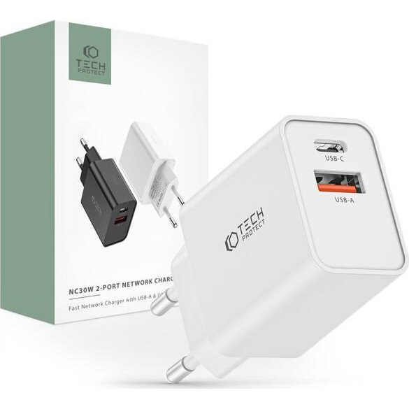 Мрежово зарядно устройство TECH-PROTECT NC30W, USB/USB-C, Quick Charge 3.0, Power Delivery 30W, Бяло