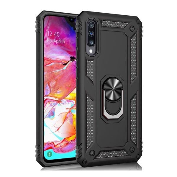 Samsung Galaxy A70 / A70s SM-A705F / A707F, Пластмасов заден капак, средна устойчивост на удар, силиконова вътрешна част, пръстен за държач за телефон, Defender, черен