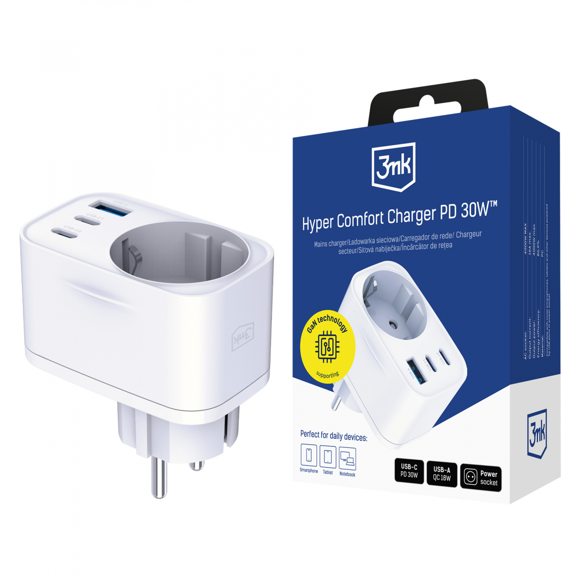3mk GaN USB Type-A / 2 x USB Type-C Hálózati töltő Adapter 30W - Fehér (5903108636254)