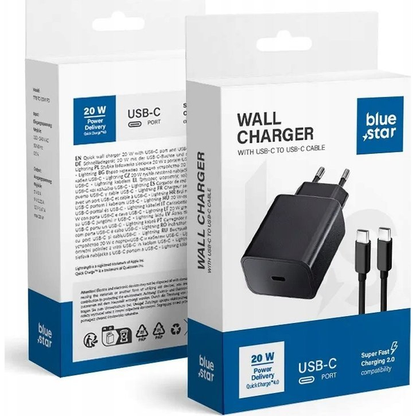 Blue Star aljzatos töltő, 1x USB C + USB C - USB C kábel, PD QC4.0 3A 20W, fekete