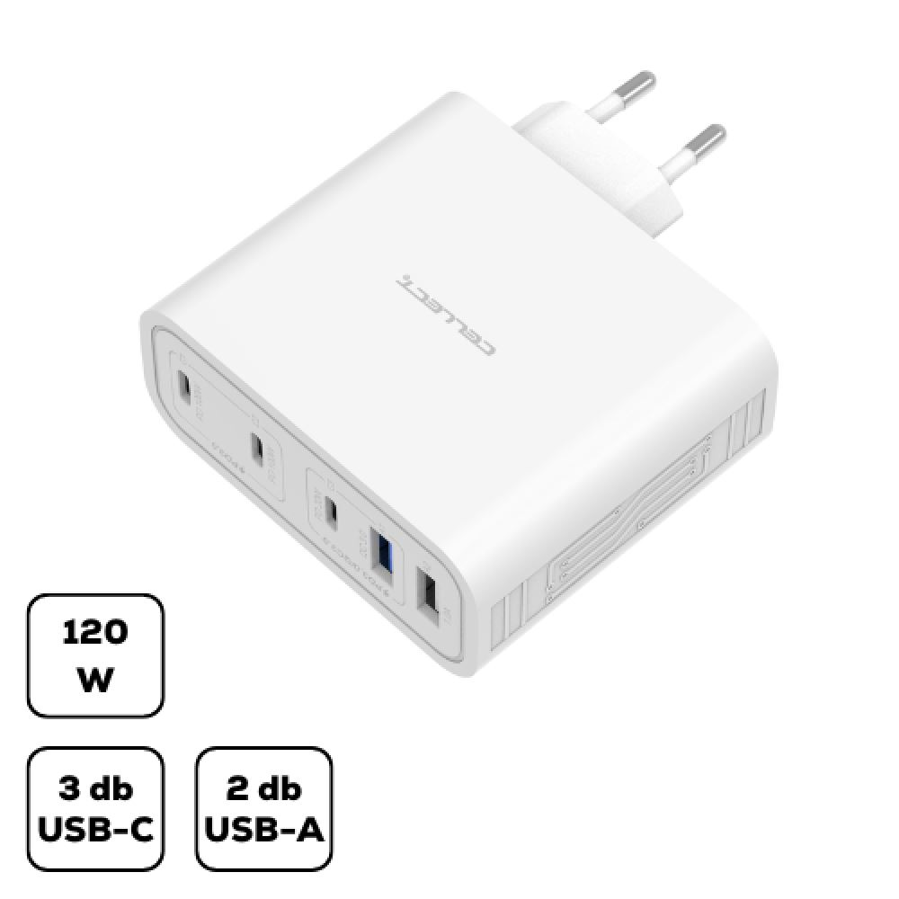 Cellect 3xUSB-C, 2xUSB-A hálózati töltő adapter gyorstöltő funkcióval 120W fehér (MTCB-PD120W-W) (MTCB-PD120W-W)