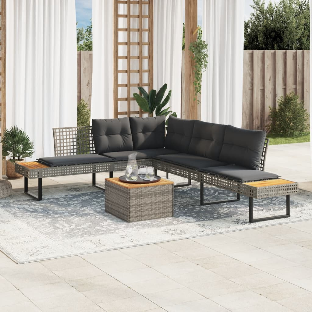 2 részes szürke polyrattan/akácfa kerti kanapészett párnákkal (3277499)