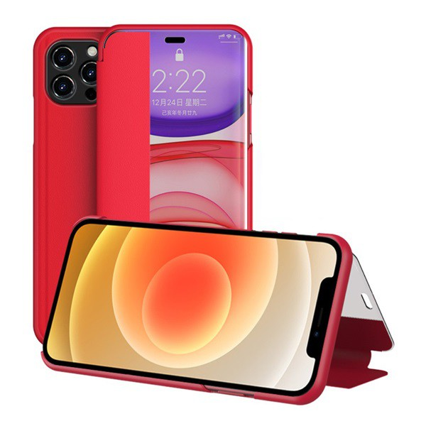 Tok álló, bőr hatású (FLIP, oldalra nyíló, asztali tartó funkció, hívószámkijelzés, View Window) PIROS [Apple iPhone 12 Pro Max] (5996591012872)