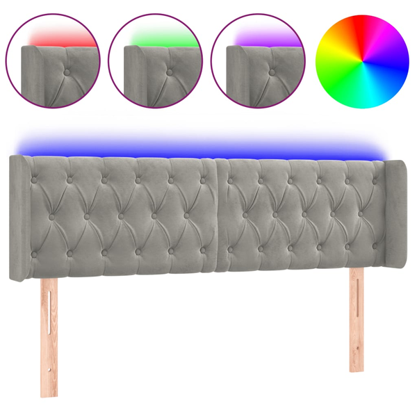 Tăblie de pat cu LED, gri deschis, 147x16x78/88 cm, catifea