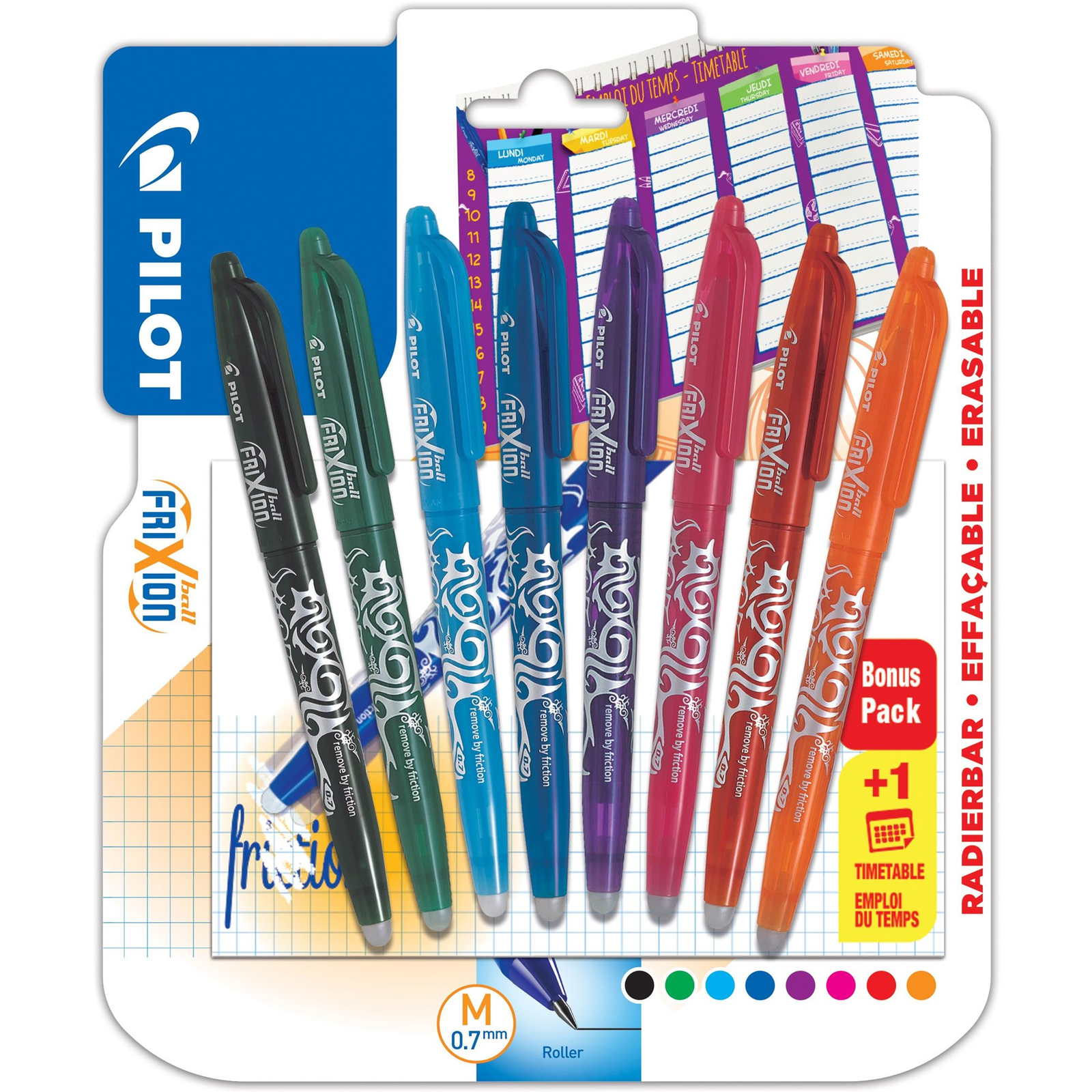 PILOT FriXion Ball 07 / 0,35 mm - 8 színű készlet + órarend (3131910641643)