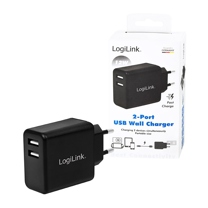Logilink USB hálózati adapter, 2x USB-Port, 12W, fekete (PA0210) (PA0210)