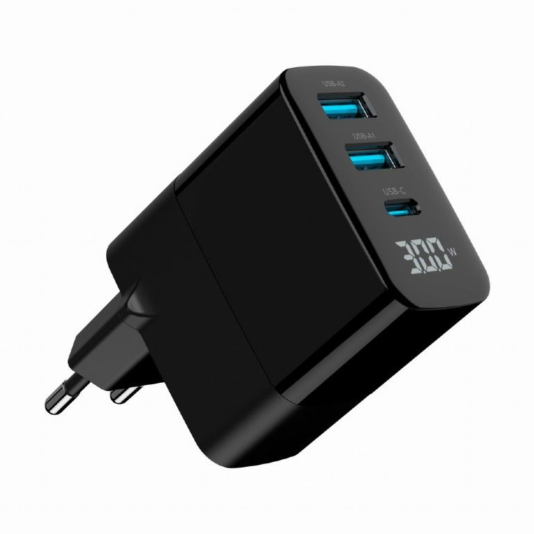 Gembird 2xUSB-A, 1xUSB-C hálózati töltő kijelzővel, fekete 30W (TA-UC-PDQC30LCD-BK-02) (TA-UC-PDQC30LCD-BK-02)