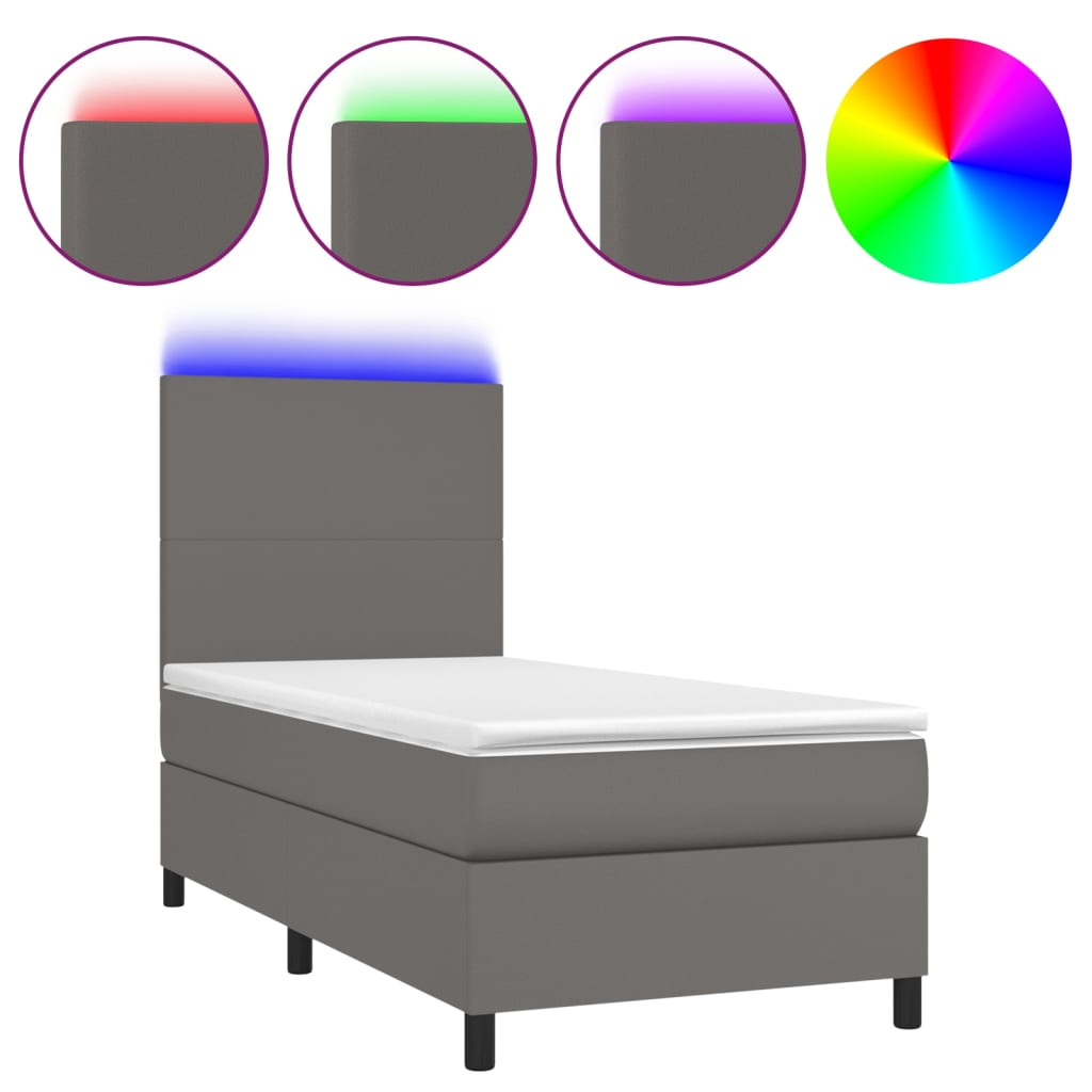 szürke műbőr rugós ágy matraccal és LED-del 90x190 cm (3135799)