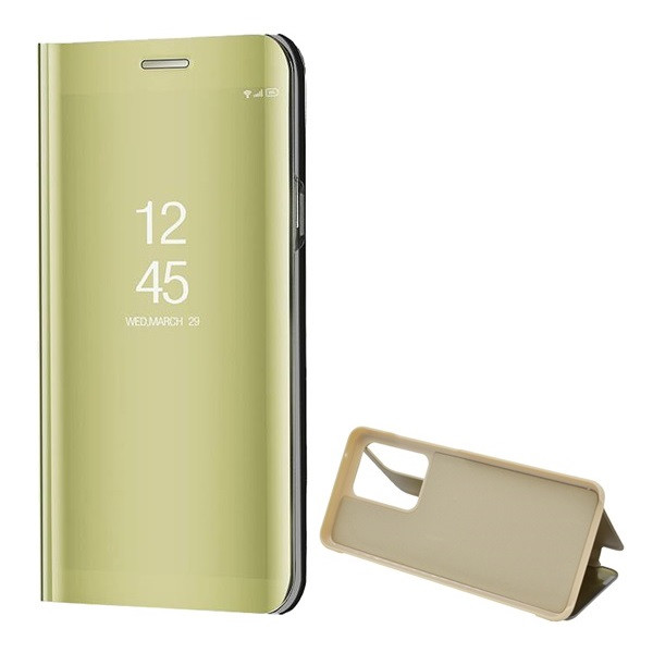 Samsung Galaxy S20 Ultra 5G SM-G988, Oldalra nyíló tok, hívás mutatóval, Smart View Cover, arany (utángyártott) (G93531)