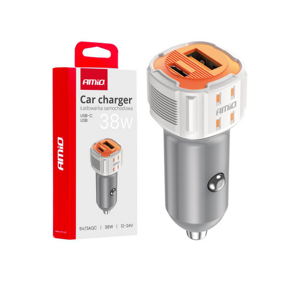 AMiO , Szivargyújtós Töltő, Usb+Usb C, 38W (0503883)