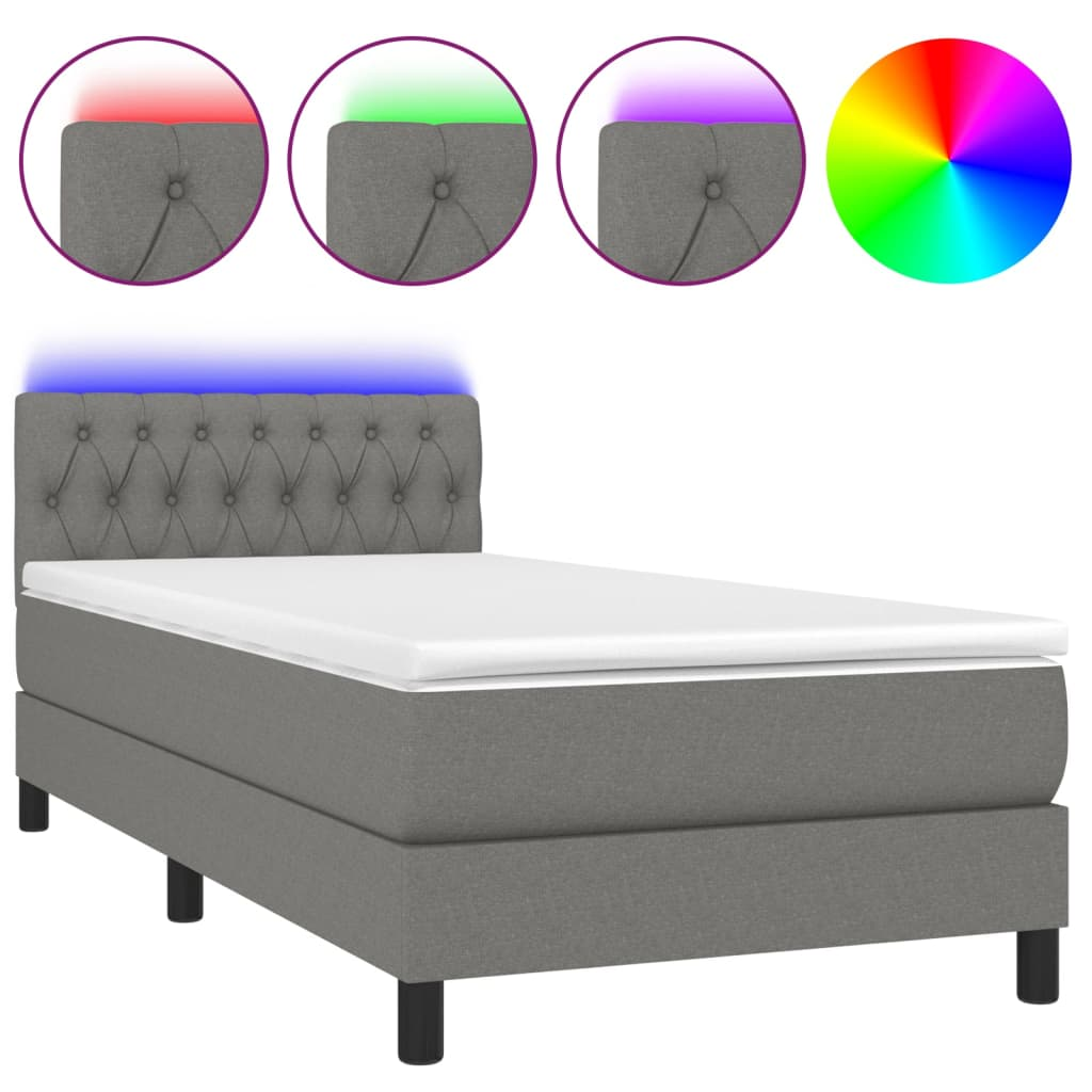 sötétszürke szövet rugós és LED-es ágy matraccal 90x200 cm (3133366)