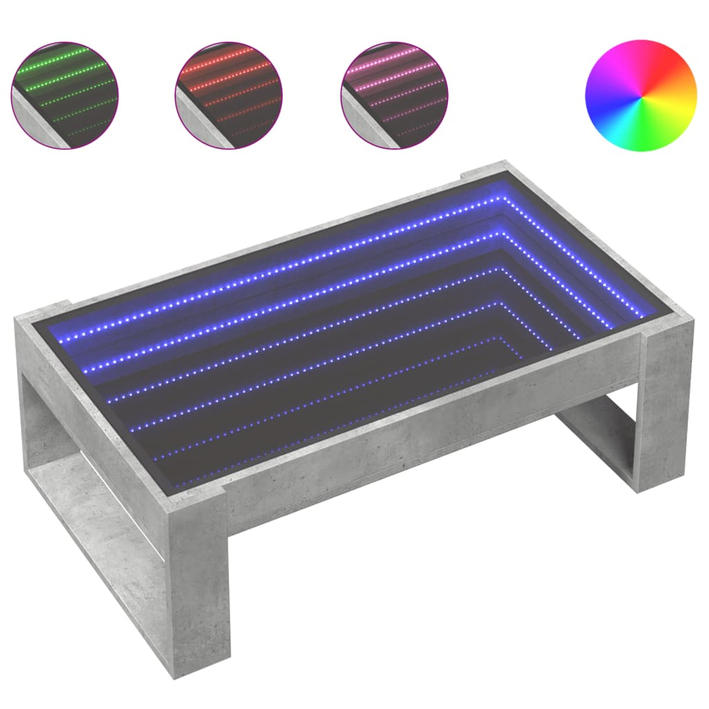 betonszürke végtelen hatású LED-es dohányzóasztal 90x53x30 cm (847640)