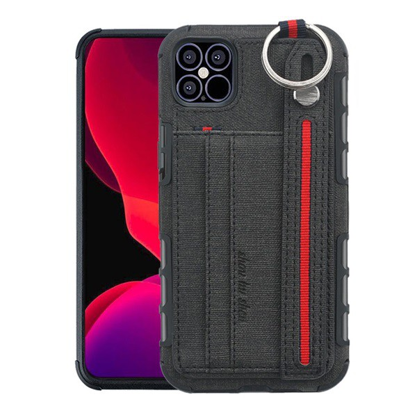 Szilikon telefonvédő (közepesen ütésálló, asztali tartó funkció, bankkártya tartó, textil hátlap + kézpánt) FEKETE [Apple iPhone 12 mini] (5996591002682)