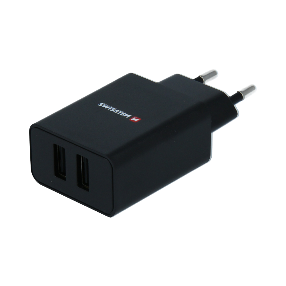 Swissten 22054000 2x USB Type-A Smart IC Hálózati töltő + 1.2m USB Type-C kábel - Fekete (5V / 2.1A) (SW-SET-2X2.1AWCUC-BK)