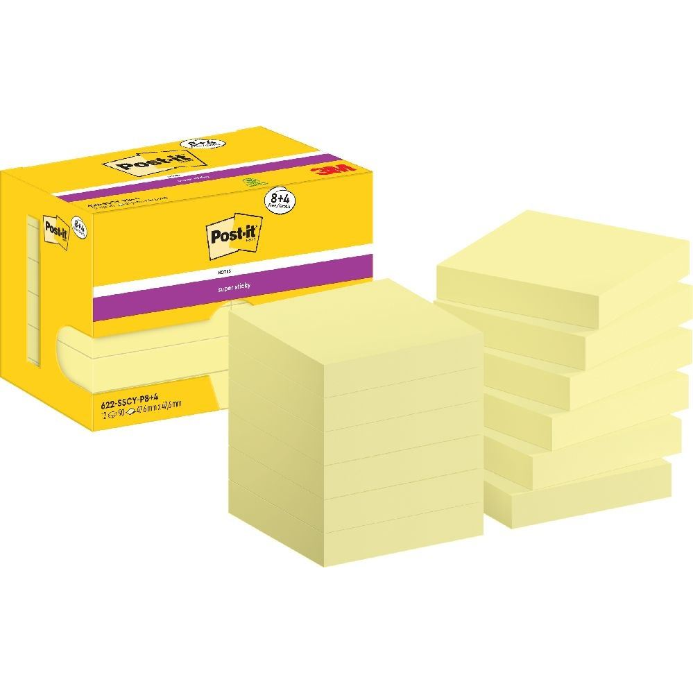 3M Post-it Super Sticky 622-SSCY öntapadós jegyzettömb 47,6x47,6mm kanárisárga 8+4db/cs (7100290178) (3M7100290178)