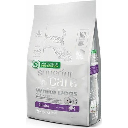  Nature’s Protection Nature's Protection Superior Care White Dogs Grain Free Salmon Junior All Breeds visų veislių balto kailio jaunų šuniukų maistas, 1.5 kg