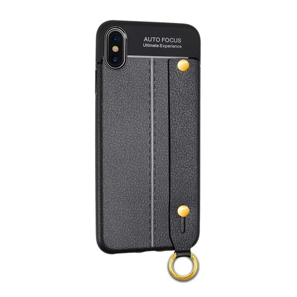 Szilikon telefonvédő (közepesen ütésálló, bőr hatású, varrás minta, kézpánt) FEKETE [Apple iPhone XS Max 6.5] (5996457812325)