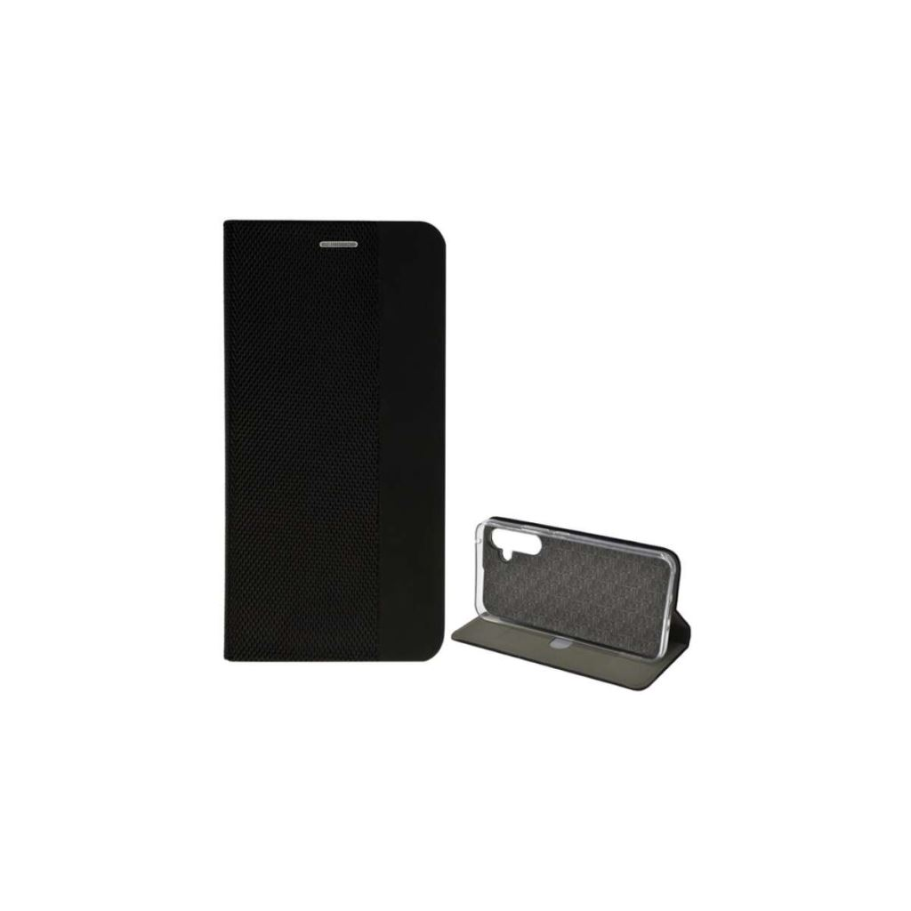 Tok álló, bőr hatású (FLIP, oldalra nyíló, asztali tartó, textil minta) FEKETE (Samsung Galaxy A14 4G / 5G ) (GP-138721)