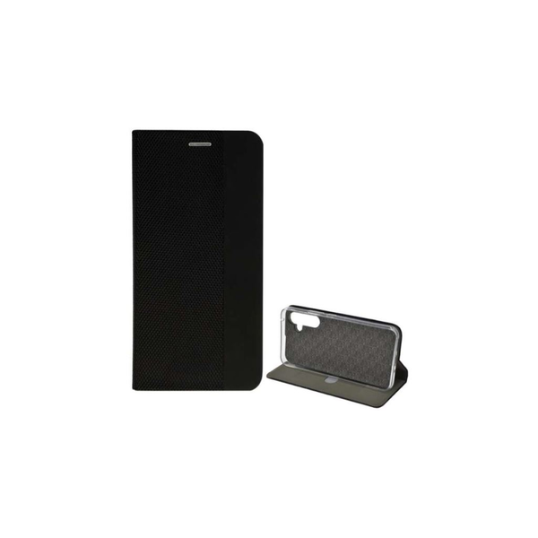 Samsung Galaxy A14 5G (SM-A146), Samsung Galaxy A14 4G (SM-A145) Калъф стоящ, ефект кожа (FLIP, странично отваряне, функция държач за маса, текстилен десен) ЧЕРЕН