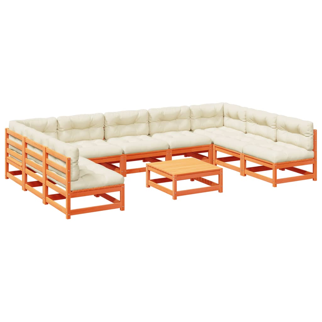 10 részes viaszbarna tömör fenyőfa kerti ülőgarnitúra párnákkal (3299597)