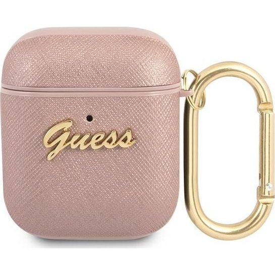 Estuche Airpods Rígido Efecto Cuero Saffiano Logotipo En Relieve Guess Oro Rosa