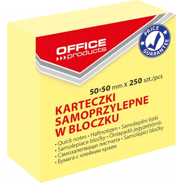  Office Products Mini kostka samoprzylepna OFFICE PRODUCTS, 50x50mm, 1x250 kart., pastel, jasnożółta