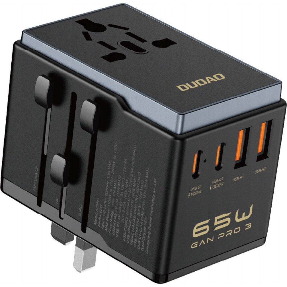 Dudao A65Pro 65 W EU/US/JP/AUS/UK utazó adapter 2x USB-C 2x USB-A - Fekete (6976625332625)