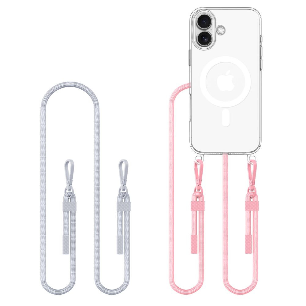 Apple iPhone 16, Szilikon védőkeret + műanyag hátlap, nyakbaakasztó, Magsafe töltővel kompatibilis, FlexAir Chain Magsafe, átlátszó (szürke, rózsaszín) (5906302380206)