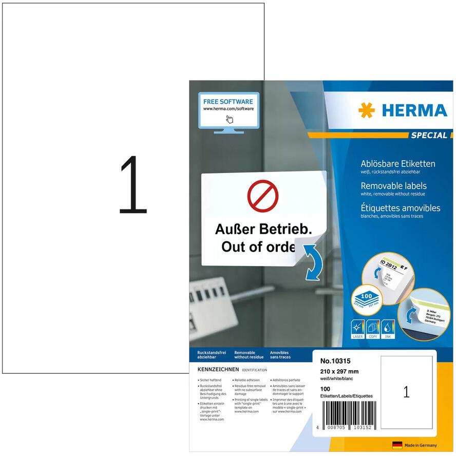 HERMA Etiketten A4 weiß 210x297 mm ablösb. Papier 100 St. (10315) (10315)