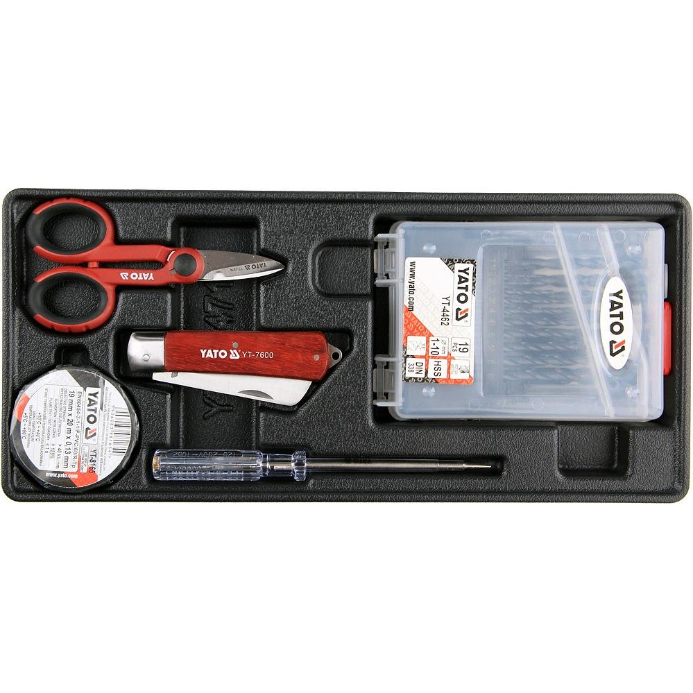 YATO Betét aljzathoz - szigetelőszalag, tesztelő, olló, szerelőkés, fúrókészlet 1-10mm (5906083554711)