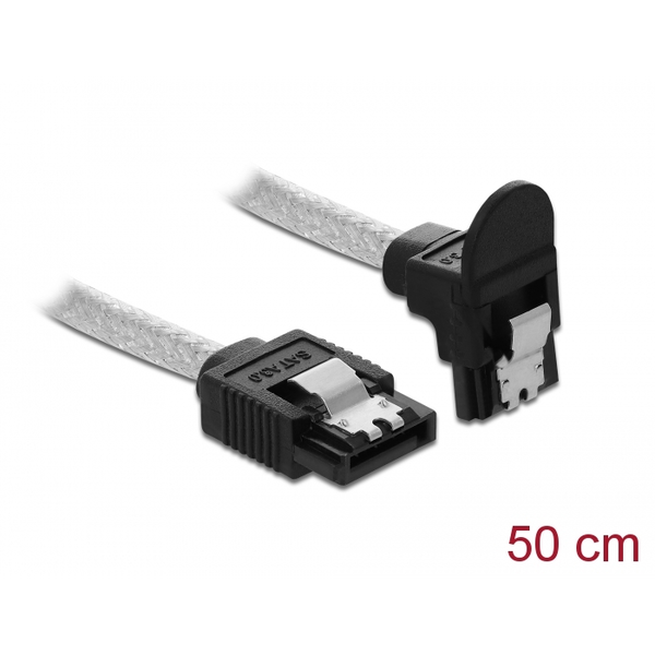 Delock SATA 6 Gb/s Kabel gerade auf unten gewinkelt 50 cm transparent